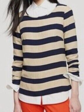 J. Crew 3/4 Sleeve Striped Blouse Navy Tan Beige Keyhole Neck Nautical Preppy S.